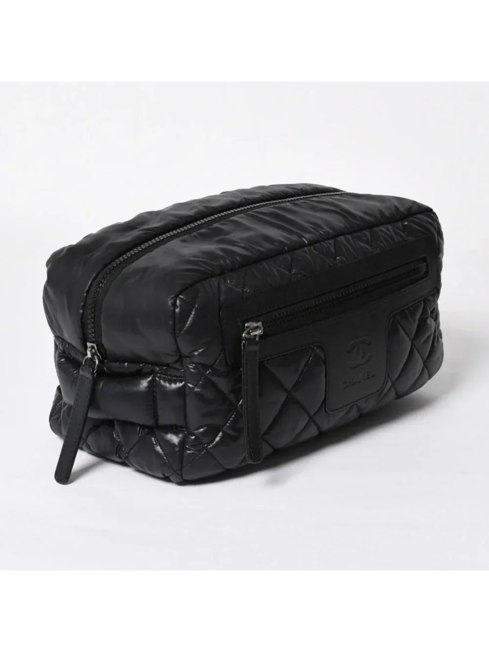 Chanel Coco Cocoon Clutch Black Nylon Calfskin Makeup Pouch Silver
